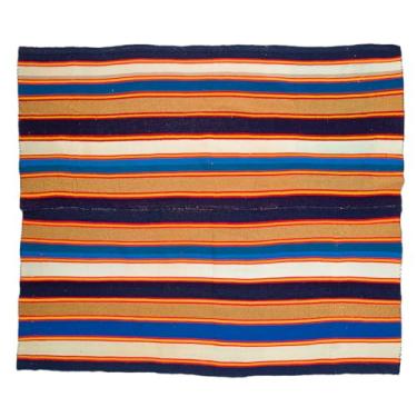 Imagem de Tapete Boliviano Artesanal, Listras Multicoloridas, Lã de Ovelha, 170x147cm, Azul Marinho