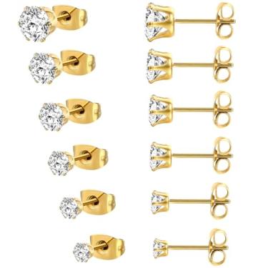 Imagem de MDFUN 6 pares de brincos de zircônia cúbica redonda banhada a ouro amarelo 18 K, pacote com 6 Branco