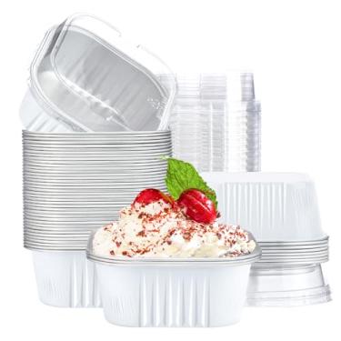 Imagem de EUSOAR Ramequins descartáveis com tampas, branco de 293 ml, 50 peças, creme brulee, ramequins descartáveis, copos de folha de alumínio com tampas, formas quadradas de cupcake, mini recipientes de pão