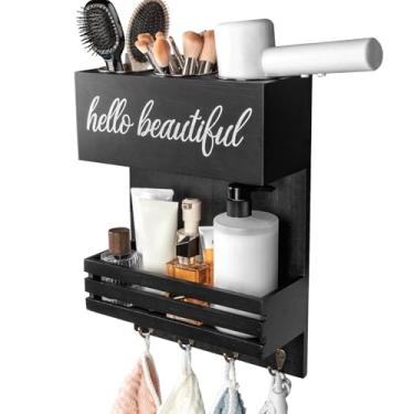 Imagem de Cokritsm Suporte de secador de cabelo de madeira montado na parede – Prateleira de armazenamento de banheiro de 2 camadas, organizador de ferramentas de cosméticos e cabeleireiro para