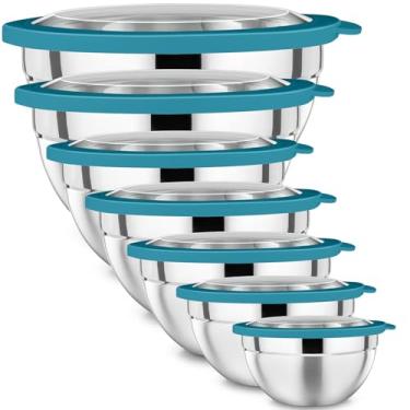 Imagem de P&P CHEF Tigela de mistura com conjunto de tampa, tigelas de salada de aço inoxidável para preparo de servir, tampas transparentes e design empilhável, tamanho 4,6, 3,5, 3, 2, 1,5, 1, 0,7 litros -