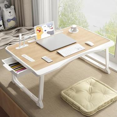 Imagem de Mesa de laptop para cama, bandeja de cama para laptop com gaveta de armazenamento e suporte de copo, bandeja de mesa para laptop com porta de carregamento USB, mesa de cama dobrável para escrita e