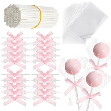 Imagem de Honoson Kit de 150 palitos e envoltórios de bolo, incluindo 50 palitos de pirulito de papel de 15 cm, 50 unidades de sacos de doces transparentes 50 peças de laços rosa para bolo, doces, chocolate