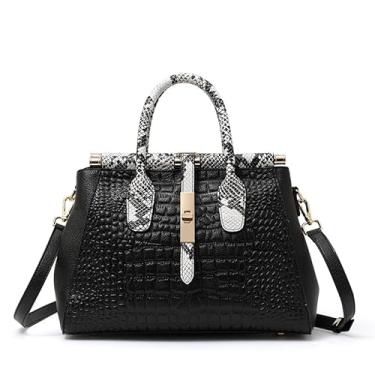 Imagem de Bolsa de couro genuíno com estampa de crocodilo - grande capacidade, alça destacável, cor bloqueada, bolsa feminina transversal, Preta com pele, Medium to Large