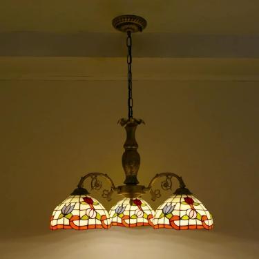 Imagem de Lustre de estilo Tiffany [3 luzes] de pingente de vidro de vidro luminária de vidro [altura ajustável de 12 polegadas] Luz de teto E26 antigo vintage para sala de jantar da sala de estar, 5,