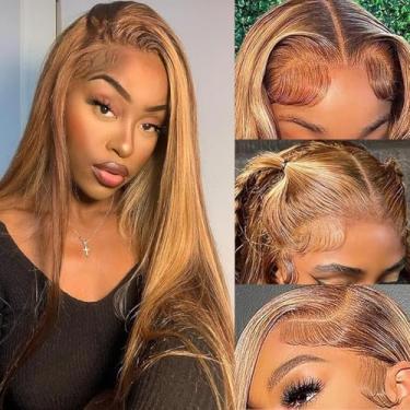 Imagem de Teveshine Peruca De Renda Frontal Loira Mel Com Ombré, Cabelo Humano Mechas 13X6, Pré-Depilada, Hd, Densidade 180, Sem Cola, Lisa, 4/27, Mechas, 28 Polegadas