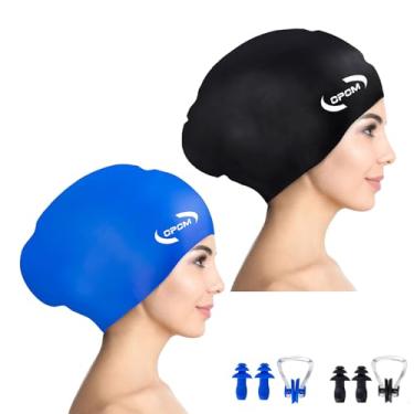 Imagem de OPOM Touca De Natação Silicone Para Mulheres E Homens, Pacote Com 2, Chapéu Alta Elasticidade Cabelos Longos, À Prova D'Água, Protetores Auriculares Clipe Nasal, Mantém O Cabelo Seco, Fácil Colocar