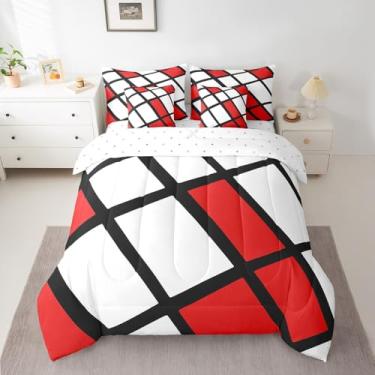 Imagem de Feelyou Conjunto de cama King com estampa geométrica moderna, vermelho, preto, branco, abstrato, 7 peças, para meninos, meninas, adolescentes, arte abstarct em uma bolsa macia