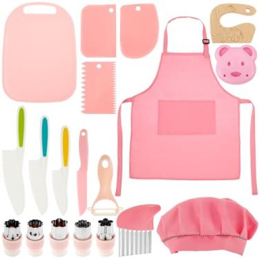 Imagem de Conjunto de cozinha infantil de plástico de madeira versátil de borda lisa com chapéu de chef e avental para jogos.
