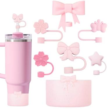 Imagem de Mocbovni Conjunto de 7 tampas de canudo com laço de silicone e conjunto de botas de garrafa de água, capas para canudos de 10 mm, capa protetora compatível com Stanley de 590 a 1,18 l e garrafas de