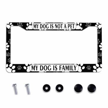 Imagem de Amcove Moldura de placa de licença My Dog is Family impressa em aço inoxidável com 2 furos e parafusos livres 30 x 15 cm