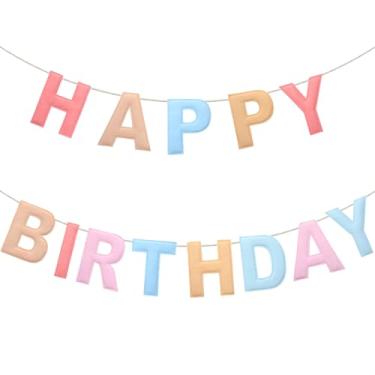 Imagem de Mindsoft Guirlanda de feliz aniversário de feltro faixa arco-íris reutilizável sinal de feliz aniversário fonte de festa para decoração de festa (cor macaron, normal)