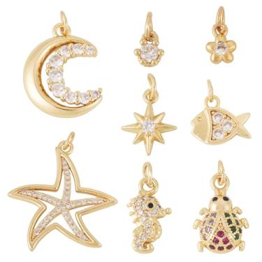 Imagem de Cheriswelry Pingentes de zircônia cúbica banhados a ouro 18 quilates, flor, estrela, lua, joaninha, peixe, pingente de metal de 6 a 27,5 mm para colar faça você mesmo, brinco, pulseira, suprimentos