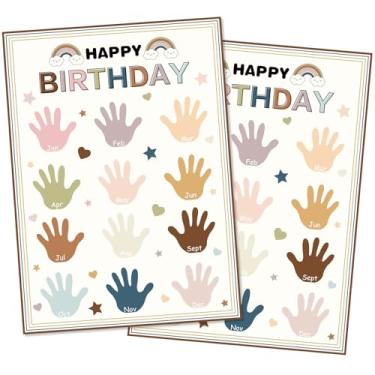 Imagem de FYSUIMU Pôster de feliz aniversário, 2 peças, impressão à mão, boêmio, calendário de aniversário, sala de aula, quadro de avisos, decoração para pré-escola, jardim de infância, material de volta às