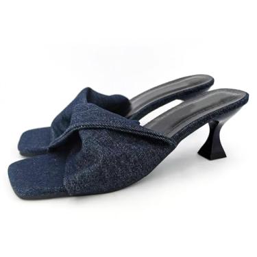 Imagem de BOTRENT Sandália feminina jeans com salto gatinho sem cadarço, moderna, bico aberto, leve, salto baixo, sandália mule para festa à noite, Azul, 37
