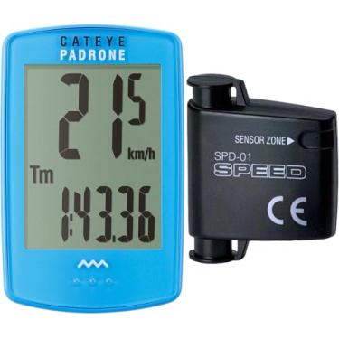 Imagem de CATEYE Computador de bicicleta sem fio Padrone – Ciclocomputador com tela grande, velocímetro e odômetro sem fio, suporte FlexTight™, inicialização/parada automática, odômetro programável (azul)