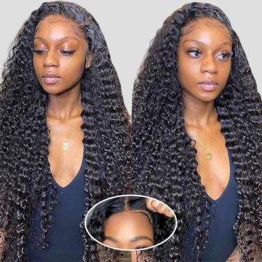 Imagem de Peruca de cabelo humano ondulado profundo com fecho de renda, sem cola, 10 x 10 cm, perucas de cabelo humano para mulheres negras, densidade 180% brasileiro, virgem encaracolado, lace frontal, pré-arrancada com perucas de cabelo de bebê, cor natural (76 cm)