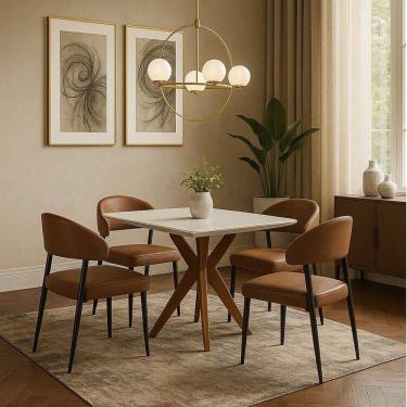 Imagem de Conjunto Sala de Jantar com Tampo de Vidro Donna 4 Cadeiras Bless Courino Mel Natural/Off White/Whiskey