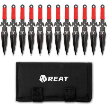 Imagem de REAT Produtos De Arremesso - 12 Peças, 6" Aço Inoxidável 440 Com Cabo Vermelho Enrolado, Inclui Estojo Transporte Nylon Para Armazenamento Seguro, Competição Facas Kunai, Recreação