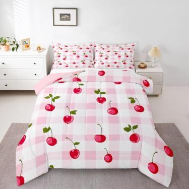 Imagem de jejeloiu Jogo de cama solteiro com estampa de cerejas vermelhas, estampa kawaii, cereja, frutas frescas, para meninos, meninas, rosa, branco, xadrez, búfalo, xadrez, edredom para decoração de quarto