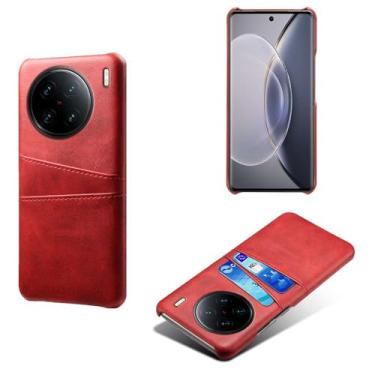 Imagem de Capas Compatível com VIVO X90 PRO+,Caso de couro PU-Tampa de telefone a prova de choque com 2 slots de cartão,Proteção anti-impressão digital e anti-gota-Red