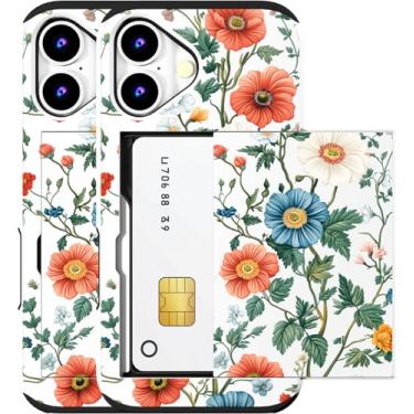 Imagem de MUQR Capa compatível com iPhone 16 Plus com porta-cartão fofo - Capa tipo carteira robusta com design kawaii, proteção contra quedas de grau militar para mulheres (pintura branca flor botânica)
