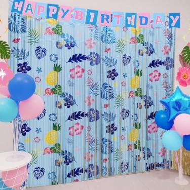Imagem de Decoração de aniversário de desenho animado, suprimentos de festa, pacote com 2 unidades de cortinas de franja com estampa de elementos havaianos, tema de animação, adereço de cabine de fotos, cenário