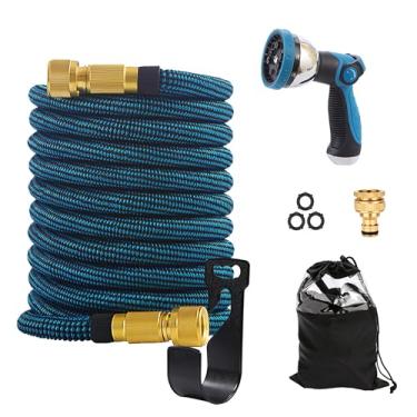 Imagem de Mangueira De Jardim Retrátil De 30 Metros Com Pulverizador De 10 Bicos Funcionais, Mangueira Elástica Retrátil Leve E Flexível Com Núcleo De Látex Dobrável Durável E Conexões De Latão Sólido, Azul