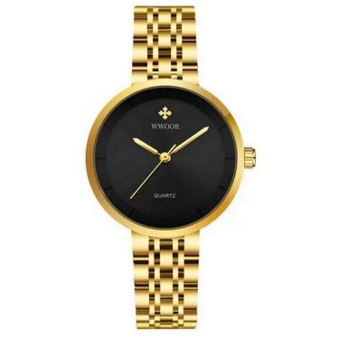 Imagem de Relógio Feminino De Quartzo Minimalista Pulseira De Aço Inoxidável A Prova D´agua Preto Dourado