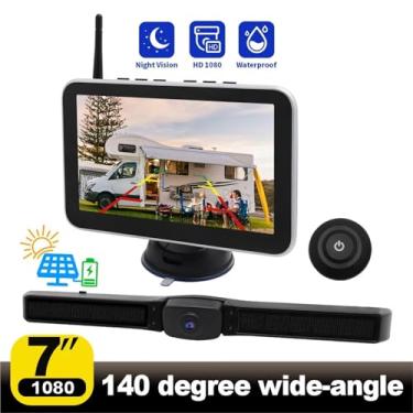 Imagem de Compatível com câmera de ré sem fio, monitor de placa de licença movido a energia solar, compatível com caminhões, vans, trailers, sistema de auxílio de estacionamento reverso de 7 polegadas