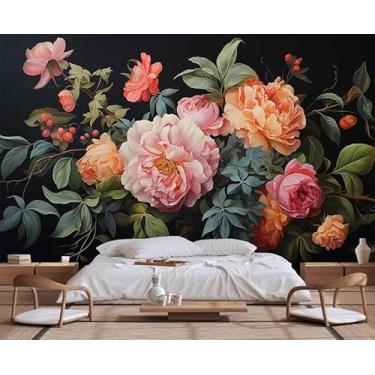 Imagem de Wmjurel Papel de parede aquarela sem costura preto padrão floral, fundo de parede grande murais de parede decorativos (não autoadesivos)