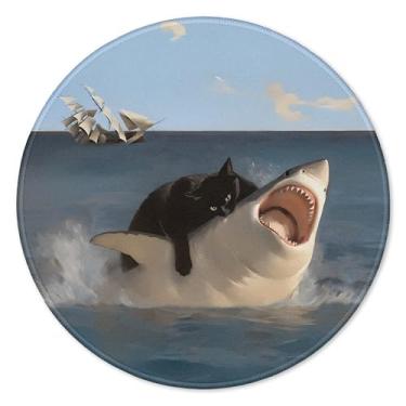 Imagem de GTYNU Mouse pad engraçado tubarão para mesa, gato preto ataque tubarão mousepad para trabalho, computadores, laptop, casa, escritório, dormitório, acessórios de mesa, material de escritório para gatos