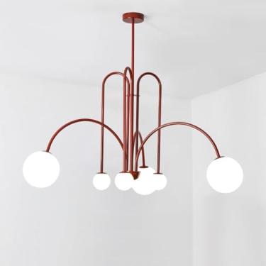 Imagem de Lustre De Foyer Moderno Bolha De Vidro Pendente Luz 6-luz Vermelho Metal Lustre De Teto Luminária Para Sala De Jantar Foyer Ilha De Cozinha Quarto Sala De Estar Luz De Sala De Jantar, 100 * 50cm