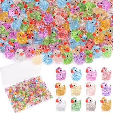 Imagem de 120 peças mini resina glitter patos cores sortidas a granel, pequenas figuras fofas para esconder, acessórios pequenos kit de animais em miniatura para topo de bolo, jardim, casa de boneca, paisagem