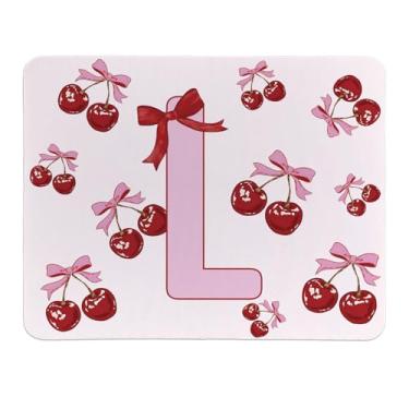 Imagem de Rusenbao Lindo mouse pad de cereja personalizado, pequeno e fofo coquete rosa com laço para mulheres e meninas, mousepads iniciais personalizáveis para laptop, computador, escritório, 24 x 19 cm