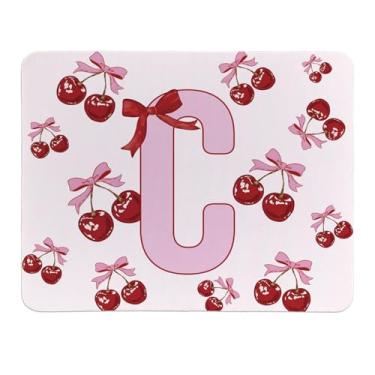 Imagem de Rusenbao Lindo mouse pad de cereja personalizado, pequeno e fofo coquete rosa com laço para mulheres e meninas, mousepads iniciais personalizáveis para laptop, computador, escritório, 24 x 19 cm