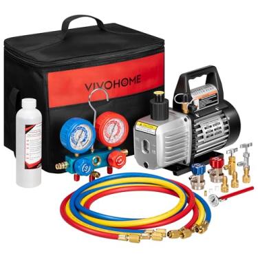 Imagem de VIVOHOME Bomba De Vácuo Palheta Rotativa Estágio Único 110 V 1/4 Hp 3,5 Cfm E Conjunto Medidor Coletor Ar Ca Com Termômetro Para R134A R12 R22 R502 R410A Hvac, Condicionamento, Refrigeração Recarga,