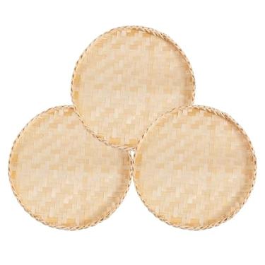 Imagem de 3 peças de cesta de frutas redonda de vime de 33 cm feita à mão, bandeja de bambu tecida, armazenamento de alimentos, bandeja decorativa para servir na parede, armazenamento de cozinha, decoração de