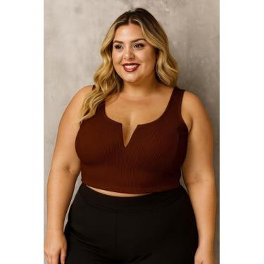Imagem de Cropped Plus Size regata com Decote Transparente - Genérica, Marrom, G