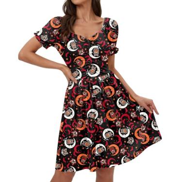 Imagem de Vestido feminino Halloween elástico gola redonda manga bufante franzido exclusivo vestido plissado gato P