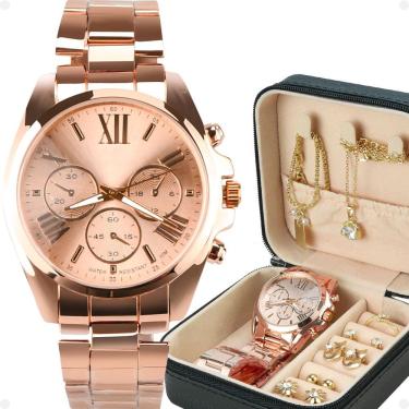 Imagem de Relogio Feminino Banhado + Pulseira + Porta Joia + Colar Qualidade Premium Presente Original Social