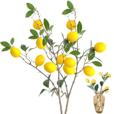 Imagem de 2 ramos de limões artificiais, tecido de seda de longa duração de 80 cm e plástico limão falso decoração planta realista para decoração de mesa de cozinha em casa