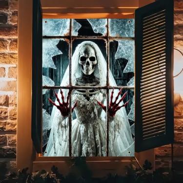 Imagem de BlissYard Decorações de janela de Halloween 78 × 129 cm capa de janela de Halloween cabelo branco esqueleto noiva fantasma feminino assustador halloween silhueta janelas cortinas assustadoras para