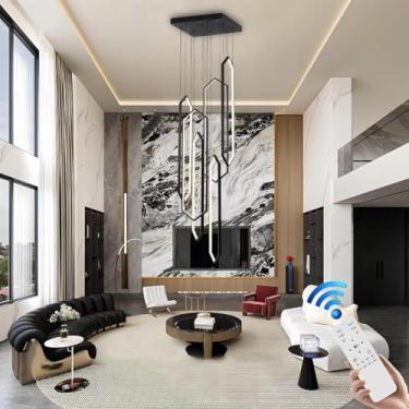 Imagem de Lustre Moderno Led Escada Grande Pingente De Luz De Alumínio Forma Geométrica Jantar Regulável Lâmpada Suspensa Combinação De Altura Ajustável Luminária De, Black, 6 Lights-20x60cm