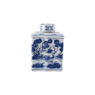 Imagem de Creative Co-Op Pote de gengibre vintage pintado à mão com paisagem de água, azul e branco