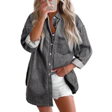Imagem de Blusa Astylish, camisa jeans feminina, decote em V, manga comprida, ci