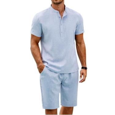 Imagem de Calças de linho, conjuntos curtos de 2 peças, roupas de verão para hom