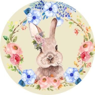 Imagem de Painel de Tecido Sublimado Redondo Páscoa Coelho Arco de Flores E Folh