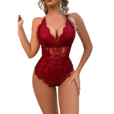 Imagem de Bodysuit de lingerie Snap Crotch, renda vermelha, decote em V profundo