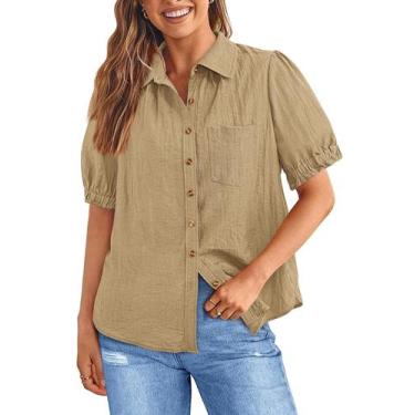 Imagem de Blusa PRETTYGARDEN de manga curta com botões cáqui XXL feminina